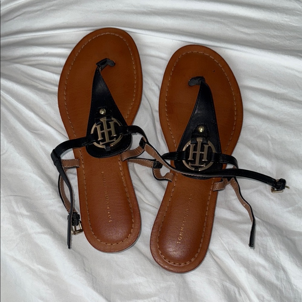 Tommy Hilfiger Black and Brown Sandals T-Strap Design